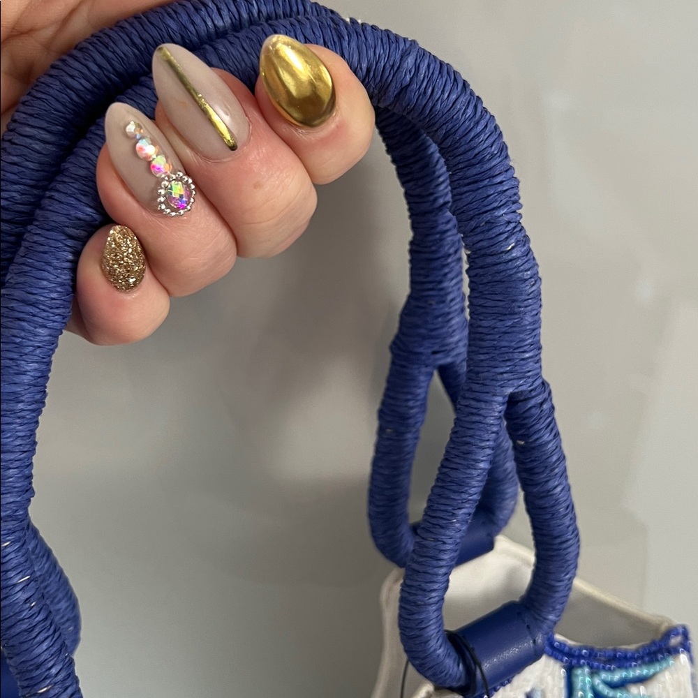 Hand-Beaded Blue & White Tropical Bird Resort Tote | Coastal Chic Like New - Picture 10 of 15